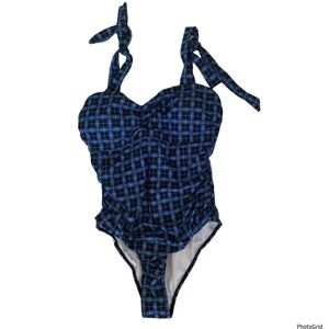 Shein 0XL plus size blue plaid gingham one piece swimsuit NWOT